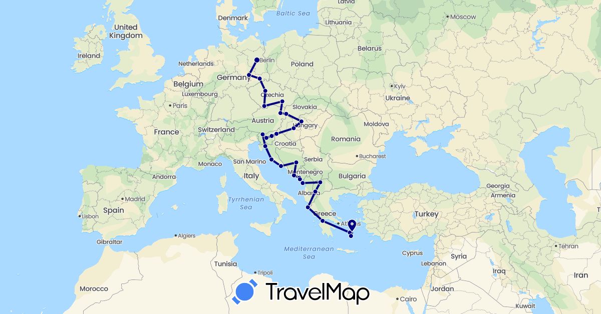 TravelMap itinerary: driving in Austria, Bosnia and Herzegovina, Czech Republic, Germany, Greece, Croatia, Hungary, Montenegro, Macedonia, Slovenia, Slovakia (Europe)